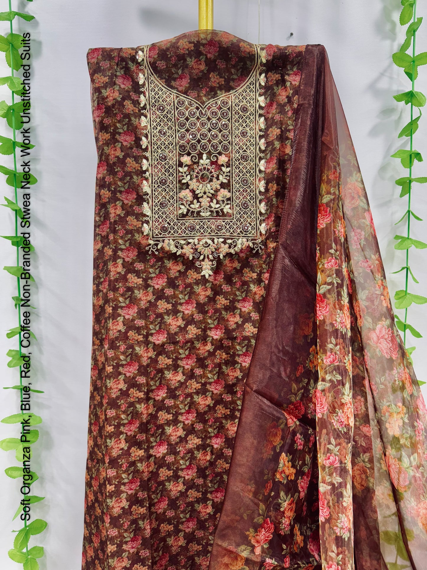 Soft Organza Pink, Blue, Red, Coffee Non-Branded Stwea Neck Work Unstitched Suits