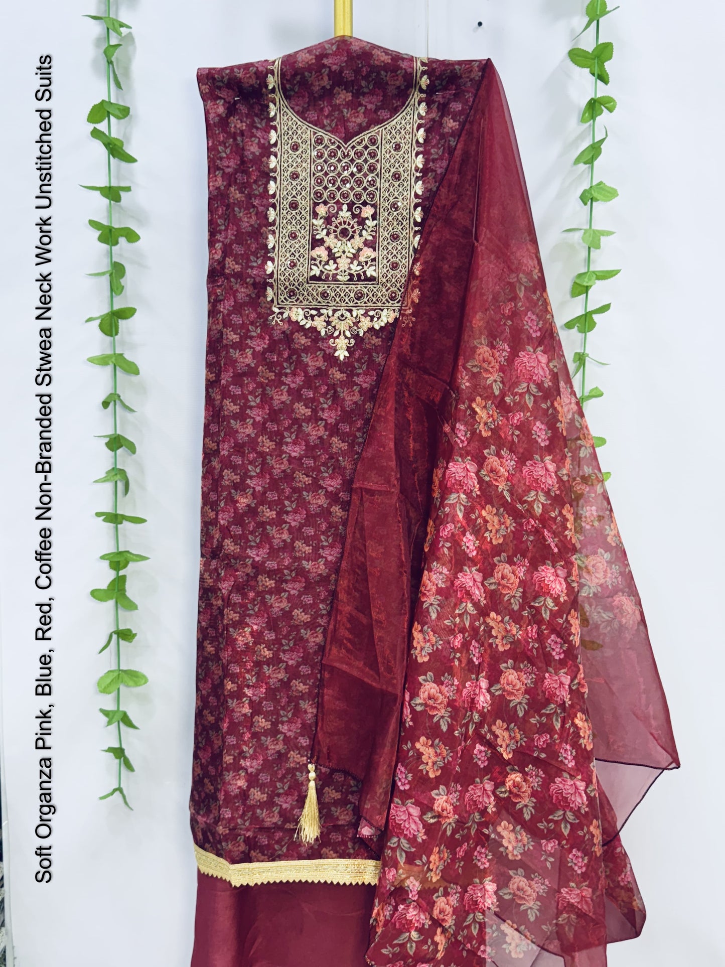 Soft Organza Pink, Blue, Red, Coffee Non-Branded Stwea Neck Work Unstitched Suits