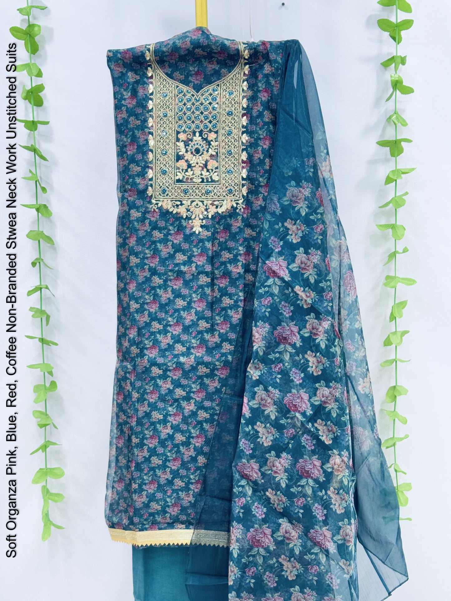 Soft Organza Pink, Blue, Red, Coffee Non-Branded Stwea Neck Work Unstitched Suits