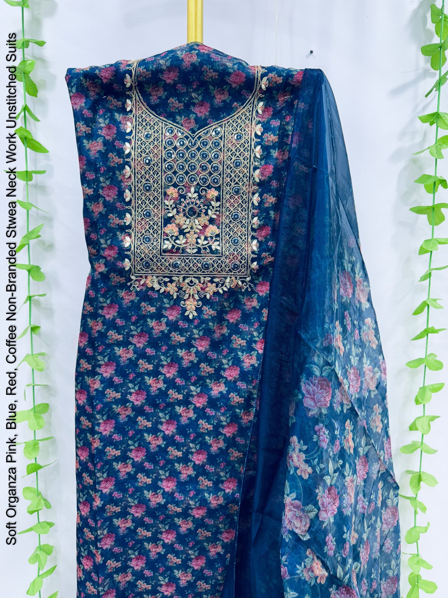 Soft Organza Pink, Blue, Red, Coffee Non-Branded Stwea Neck Work Unstitched Suits