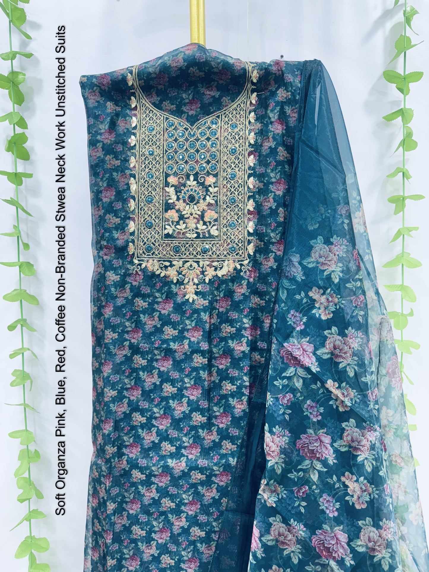 Soft Organza Pink, Blue, Red, Coffee Non-Branded Stwea Neck Work Unstitched Suits