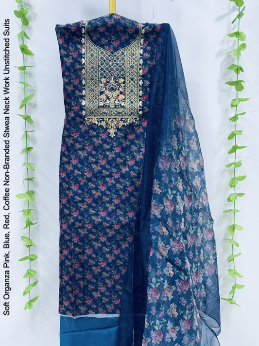 Soft Organza Pink, Blue, Red, Coffee Non-Branded Stwea Neck Work Unstitched Suits