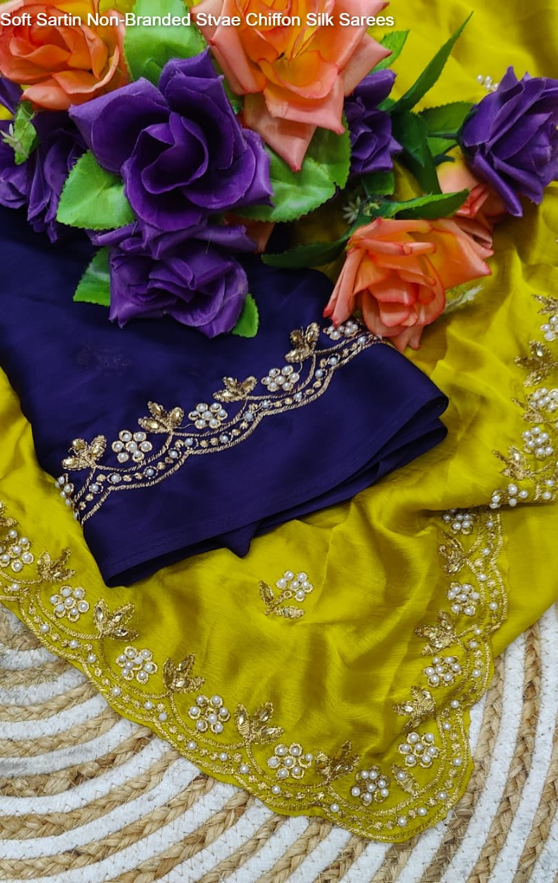 Soft Sartin Non-Branded Stvae Chiffon Silk Sarees