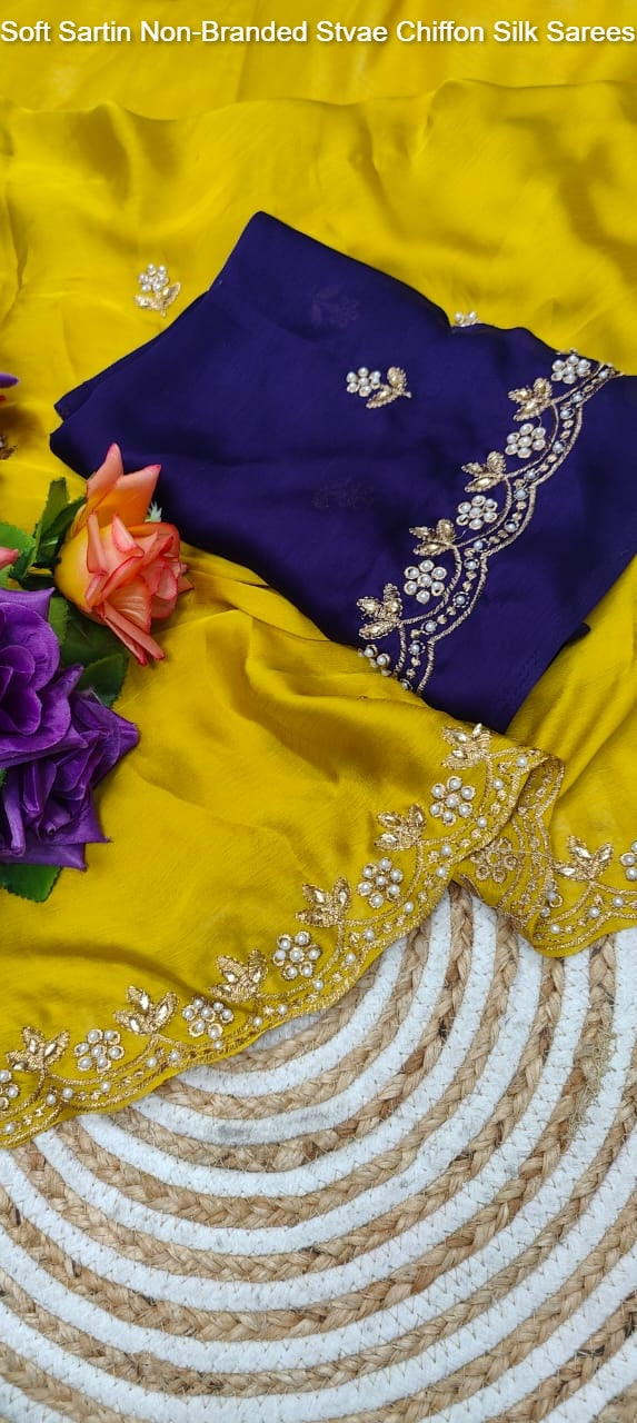 Soft Sartin Non-Branded Stvae Chiffon Silk Sarees