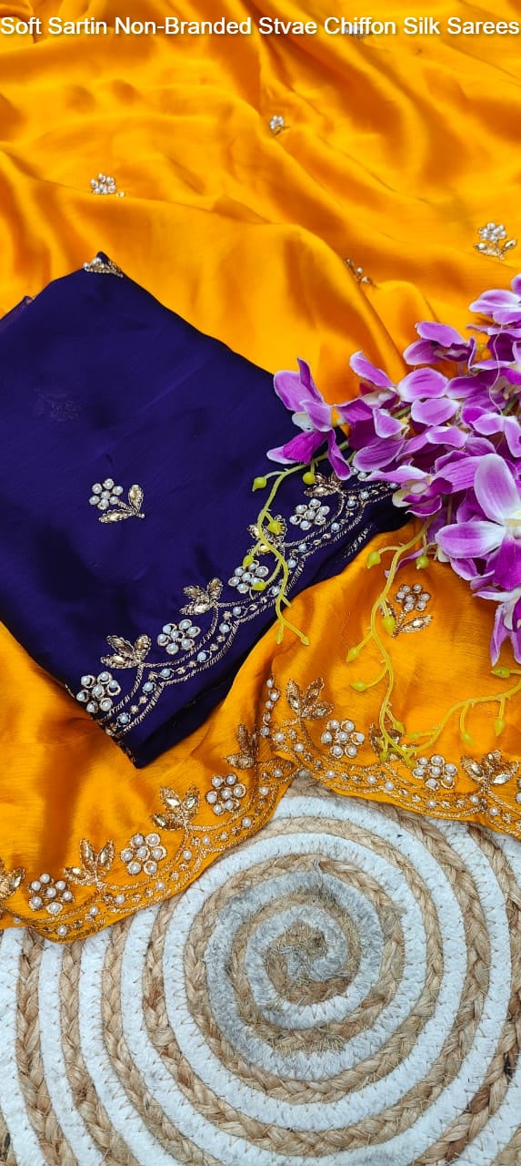 Soft Sartin Non-Branded Stvae Chiffon Silk Sarees