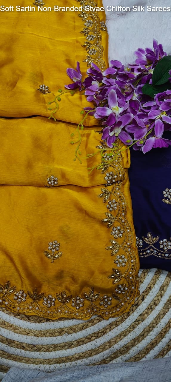 Soft Sartin Non-Branded Stvae Chiffon Silk Sarees