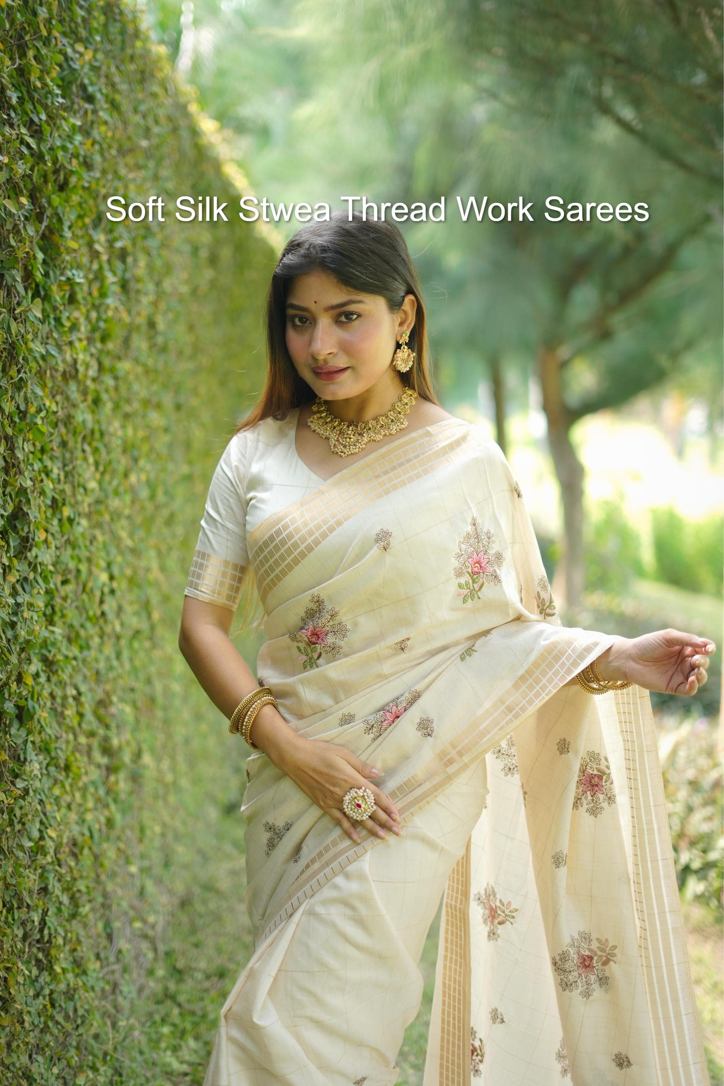 Soft Silk Stwea Thread Work Sarees