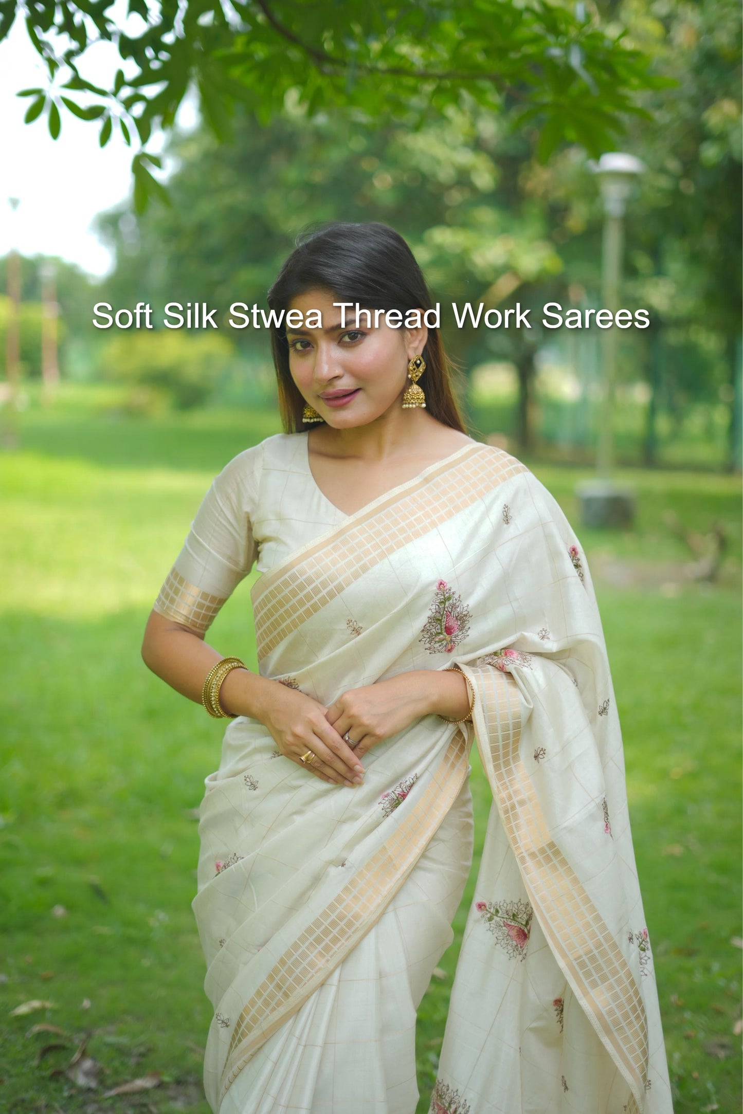 Soft Silk Stwea Thread Work Sarees