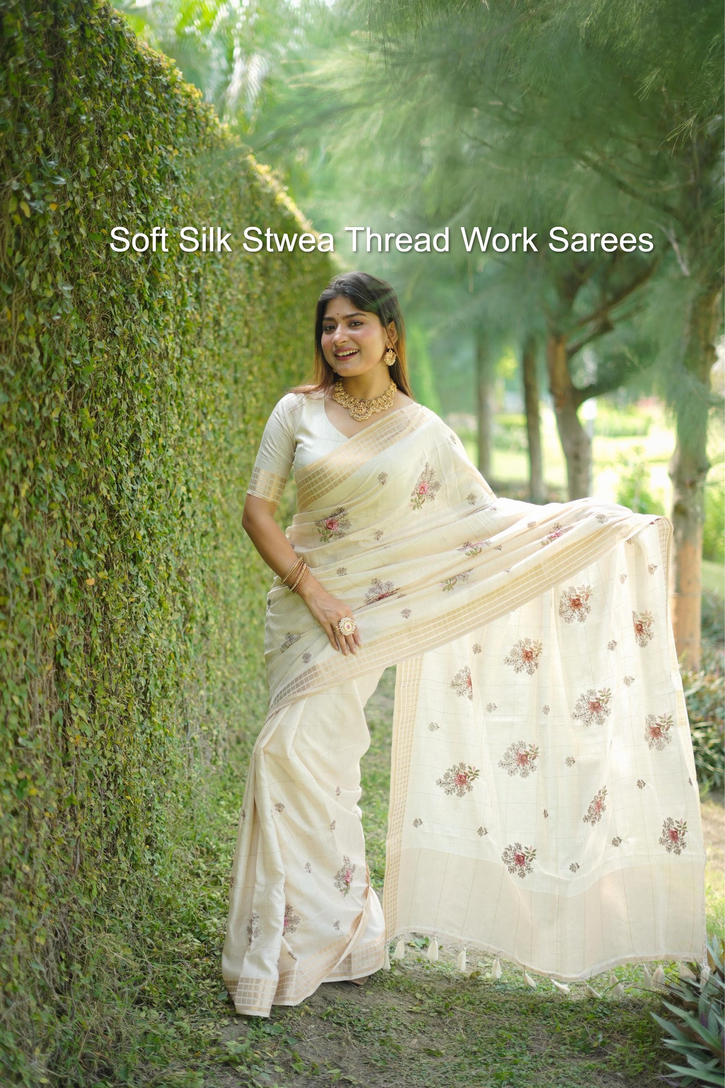 Soft Silk Stwea Thread Work Sarees