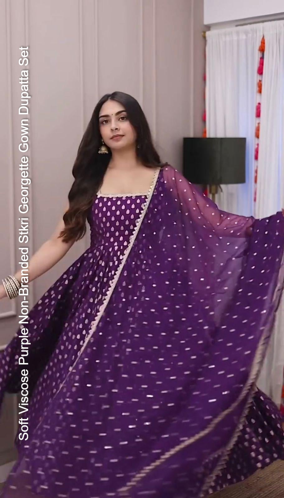 Soft Viscose Purple Non-Branded Stkri Georgette Gown Dupatta Set