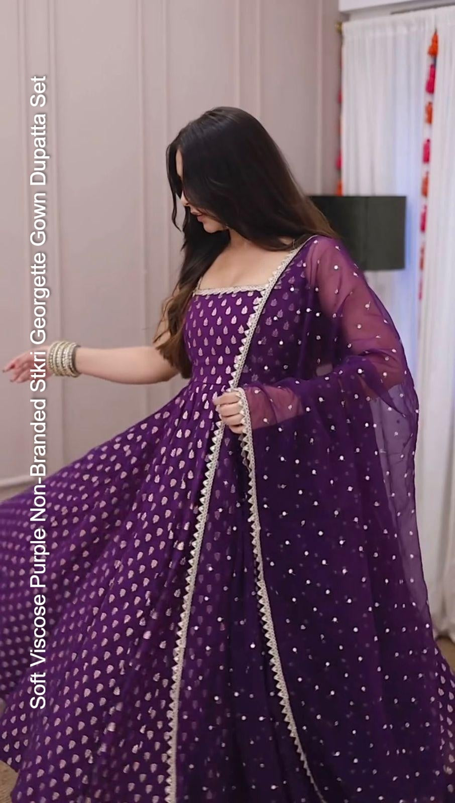 Soft Viscose Purple Non-Branded Stkri Georgette Gown Dupatta Set