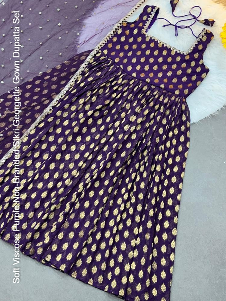 Soft Viscose Purple Non-Branded Stkri Georgette Gown Dupatta Set