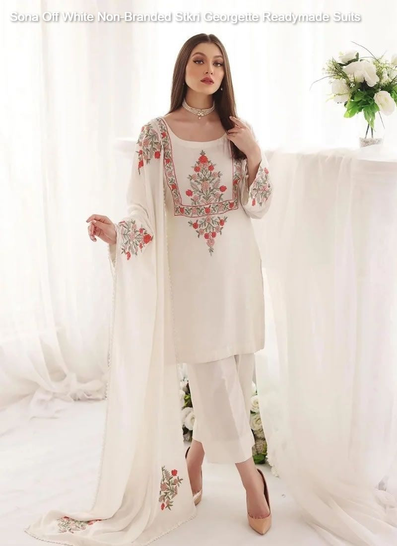 Sona Off White Non-Branded Stkri Georgette Readymade Suits