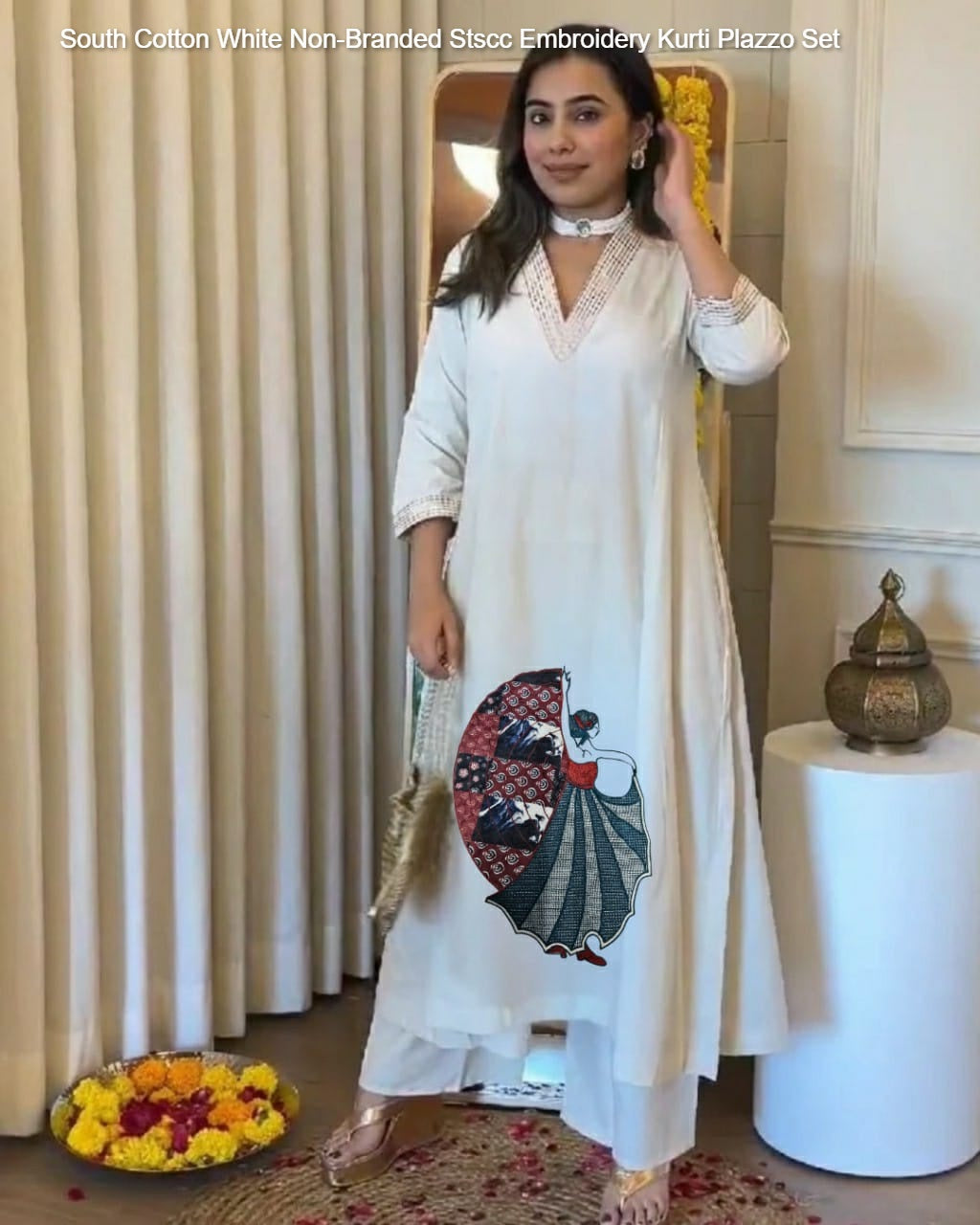 South Cotton White Non-Branded Stscc Embroidery Kurti Plazzo Set