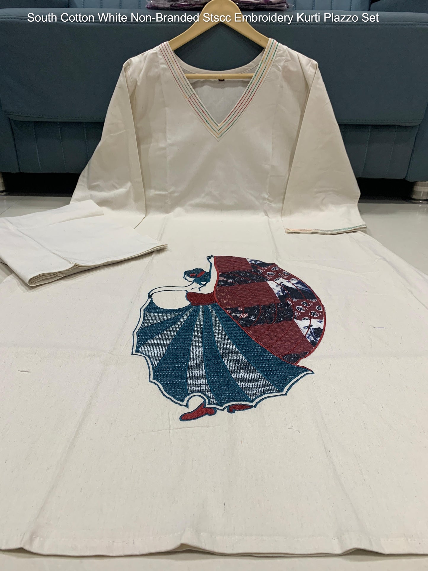 South Cotton White Non-Branded Stscc Embroidery Kurti Plazzo Set