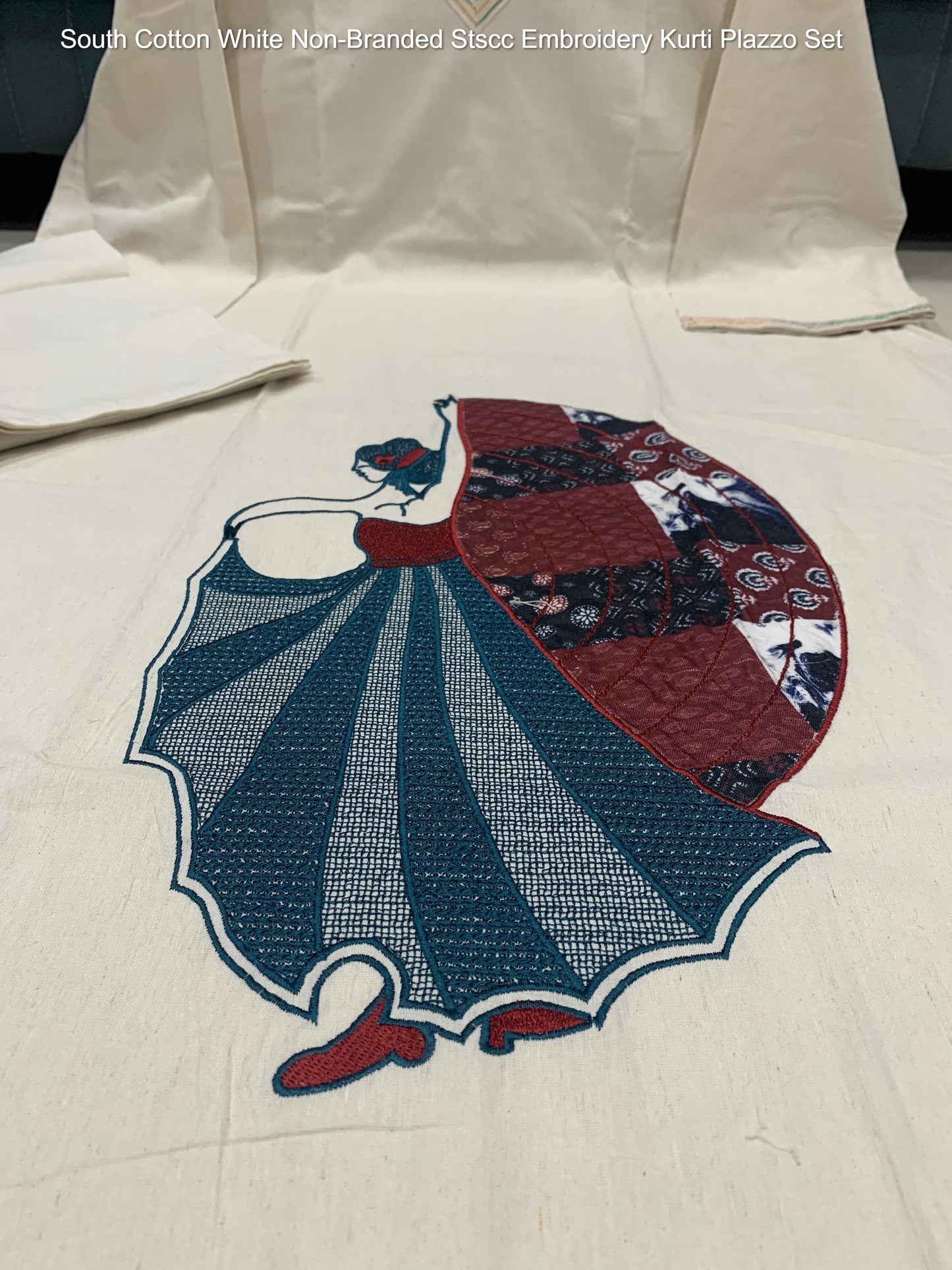 South Cotton White Non-Branded Stscc Embroidery Kurti Plazzo Set