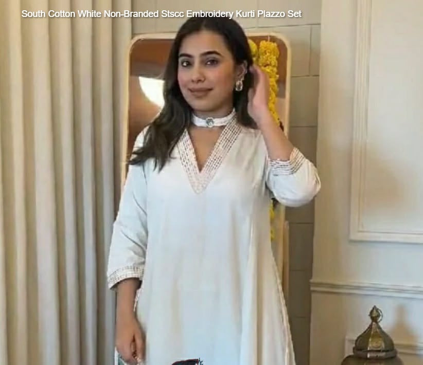 South Cotton White Non-Branded Stscc Embroidery Kurti Plazzo Set