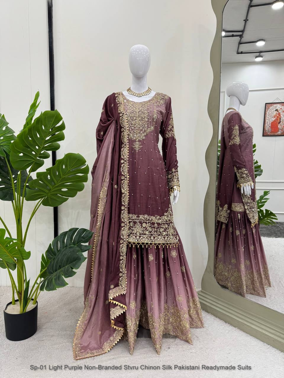 Sp-01 Light Purple Non-Branded Stvru Chinon Silk Pakistani Readymade Suits