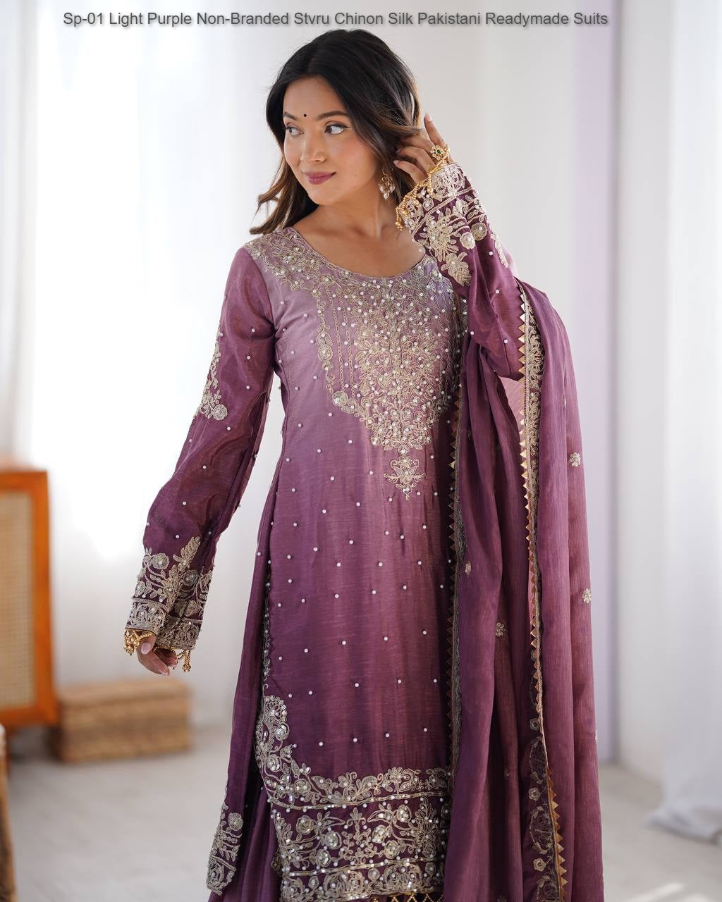 Sp-01 Light Purple Non-Branded Stvru Chinon Silk Pakistani Readymade Suits