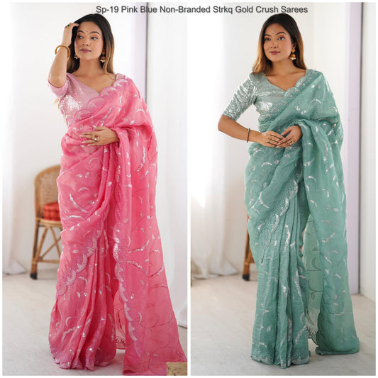 Sp-19 Pink Blue Non-Branded Strkq Gold Crush Sarees