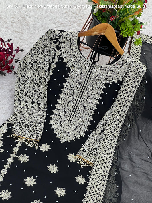 Sr-1654 Black Non-Branded Sthari Georgette Pakistani Readymade Suits