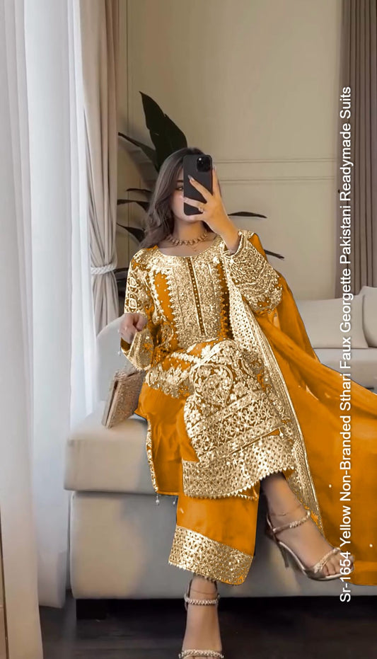 Sr-1654 Yellow Non-Branded Sthari Faux Georgette Pakistani Readymade Suits