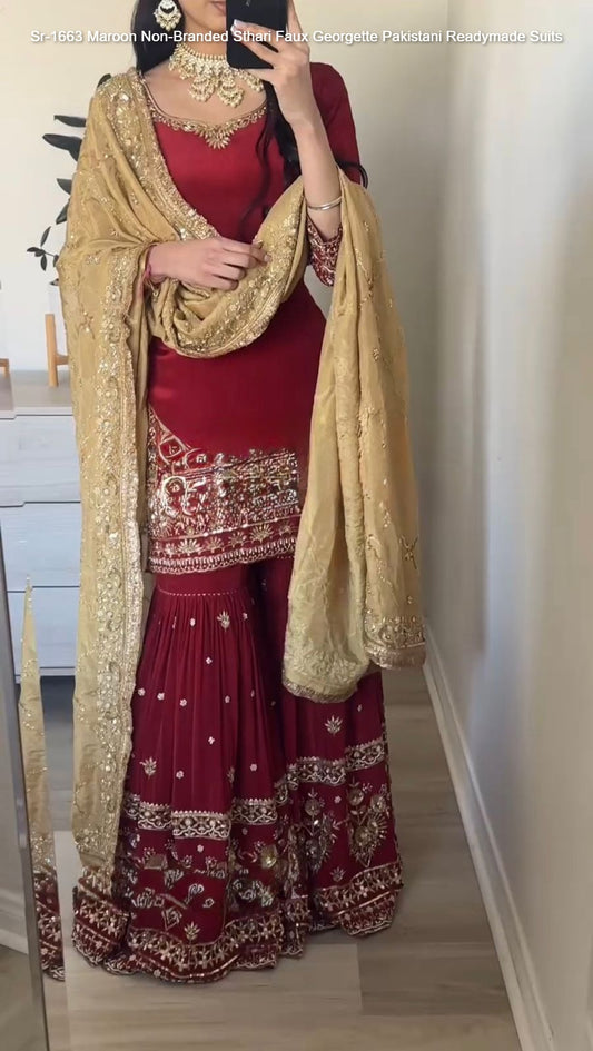 Sr-1663 Maroon Non-Branded Sthari Faux Georgette Pakistani Readymade Suits