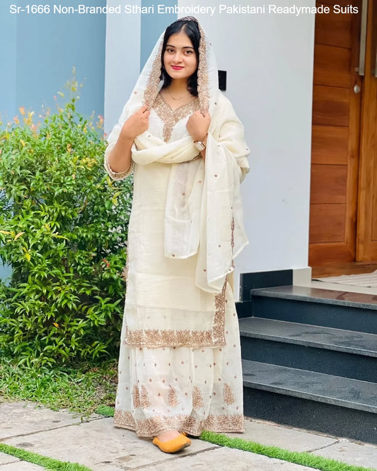 Sr-1666 White Non-Branded Sthari Embroidery Pakistani Readymade Suits