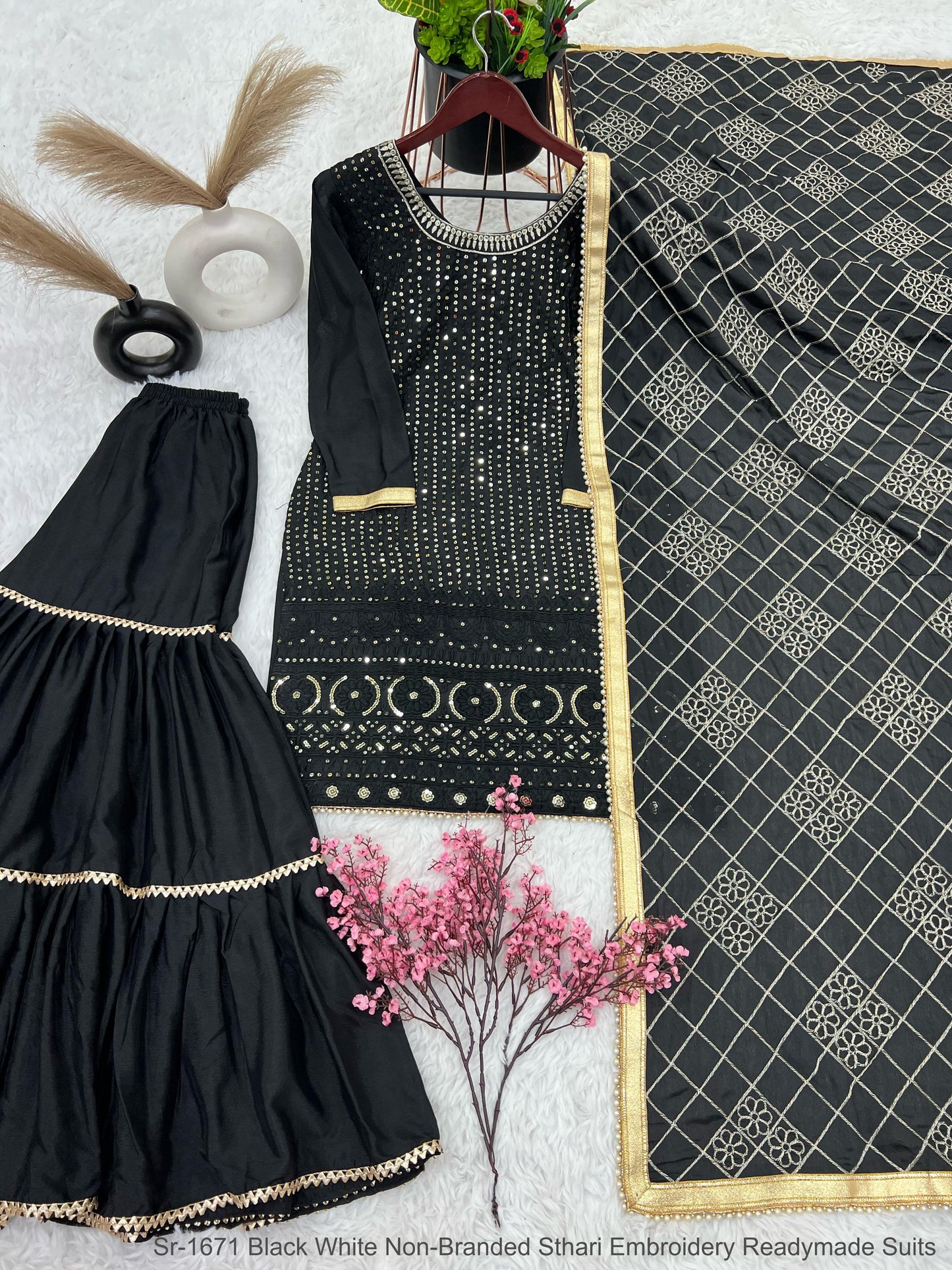 Sr-1671 Black White Non-Branded Sthari Embroidery Readymade Suits