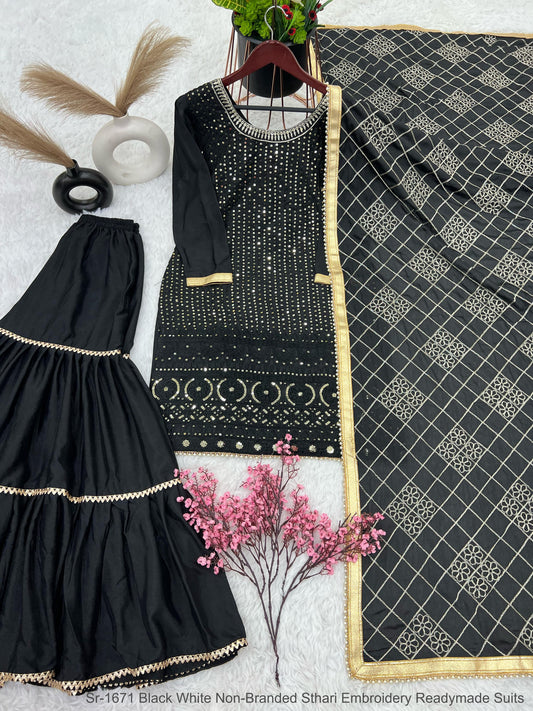 Sr-1671 Black White Non-Branded Sthari Embroidery Readymade Suits