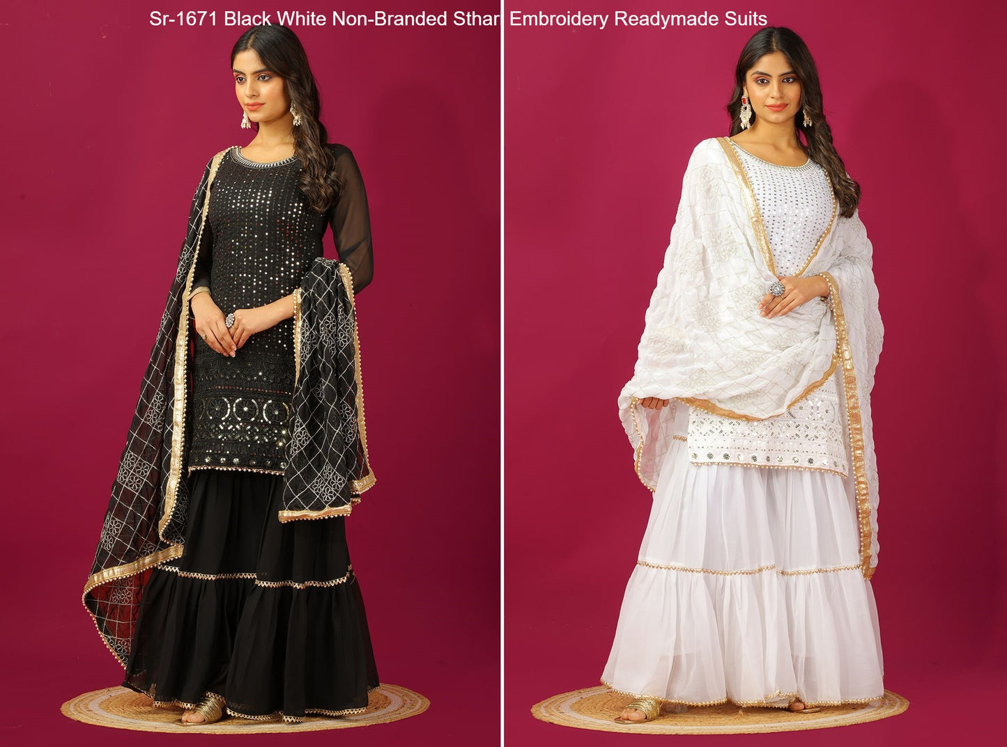 Sr-1671 Black White Non-Branded Sthari Embroidery Readymade Suits
