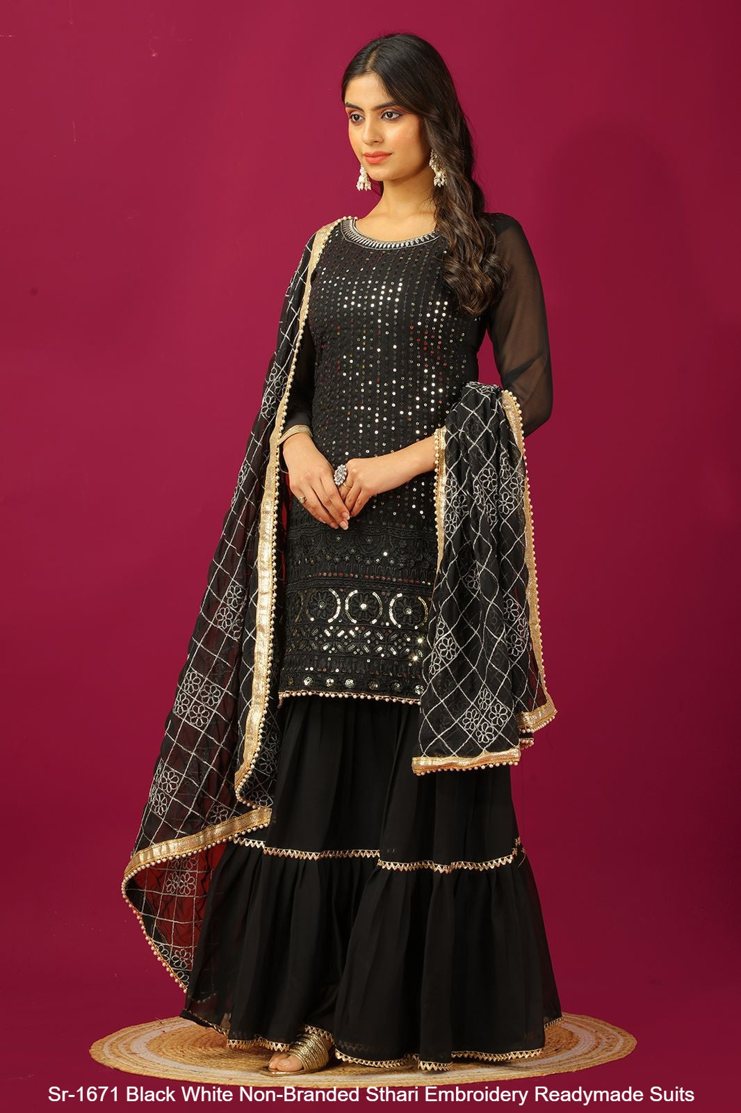 Sr-1671 Black White Non-Branded Sthari Embroidery Readymade Suits