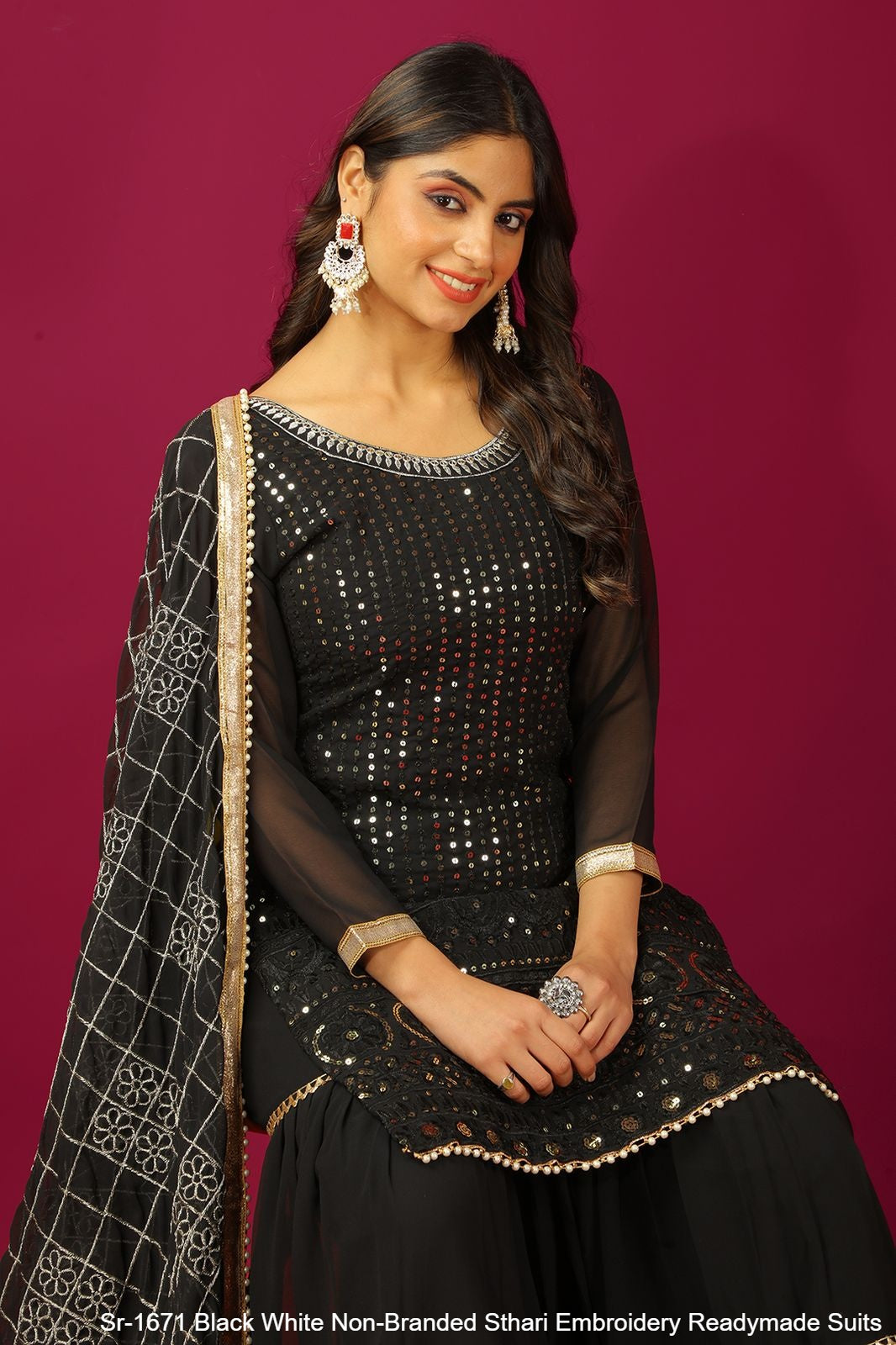 Sr-1671 Black White Non-Branded Sthari Embroidery Readymade Suits