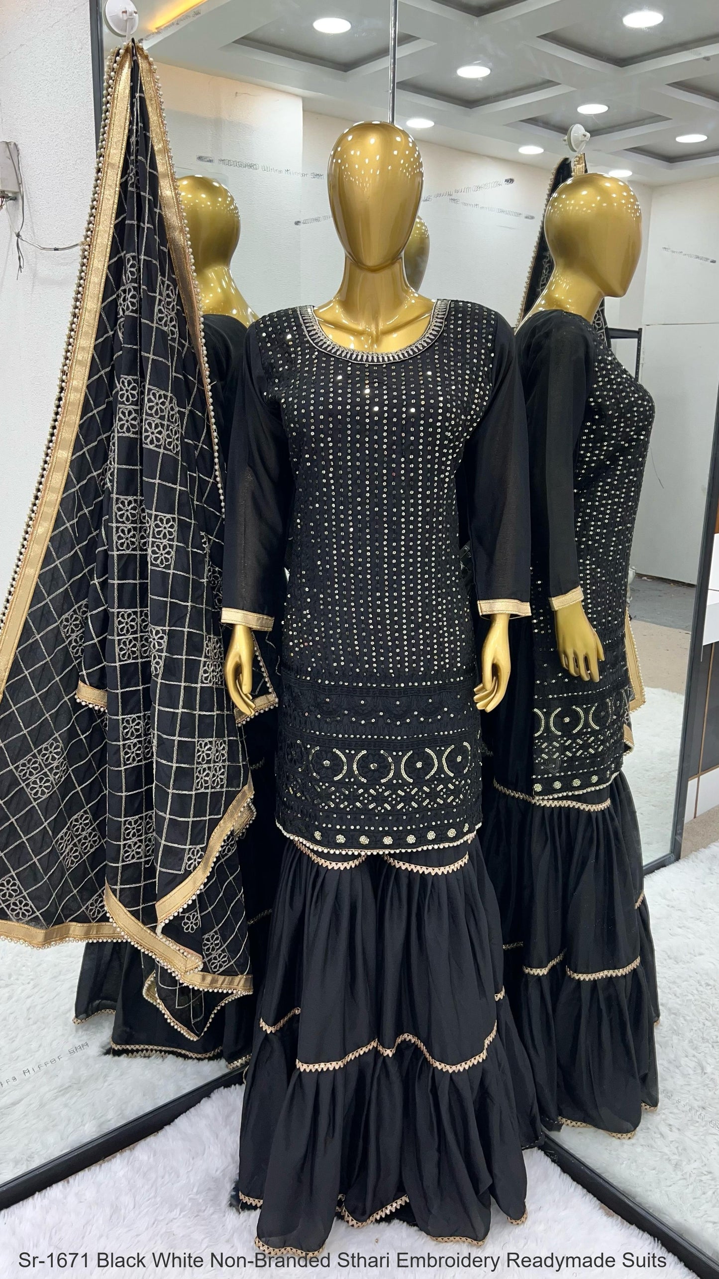 Sr-1671 Black White Non-Branded Sthari Embroidery Readymade Suits