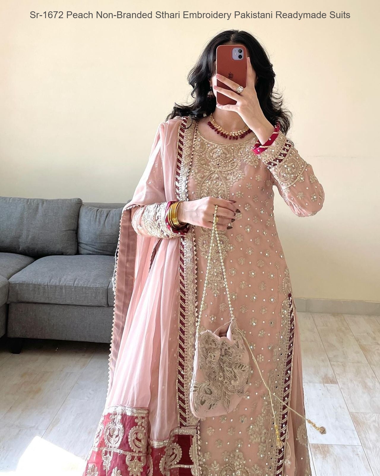 Sr-1672 Peach Non-Branded Sthari Embroidery Pakistani Readymade Suits