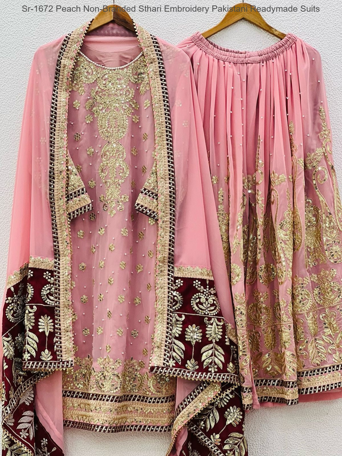 Sr-1672 Peach Non-Branded Sthari Embroidery Pakistani Readymade Suits