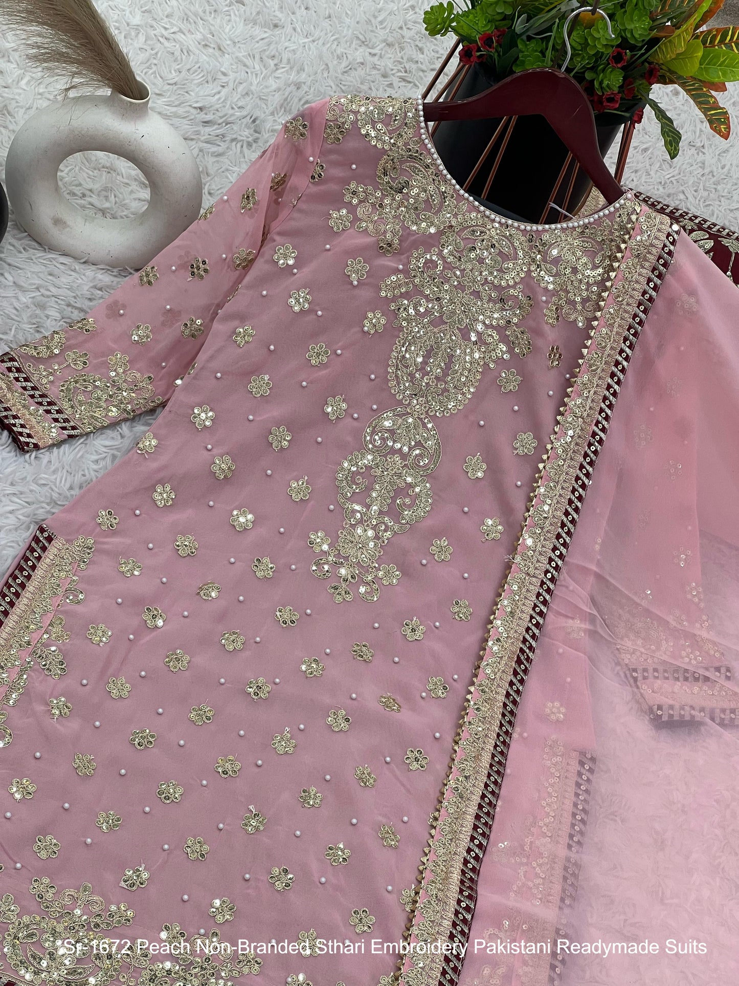 Sr-1672 Peach Non-Branded Sthari Embroidery Pakistani Readymade Suits