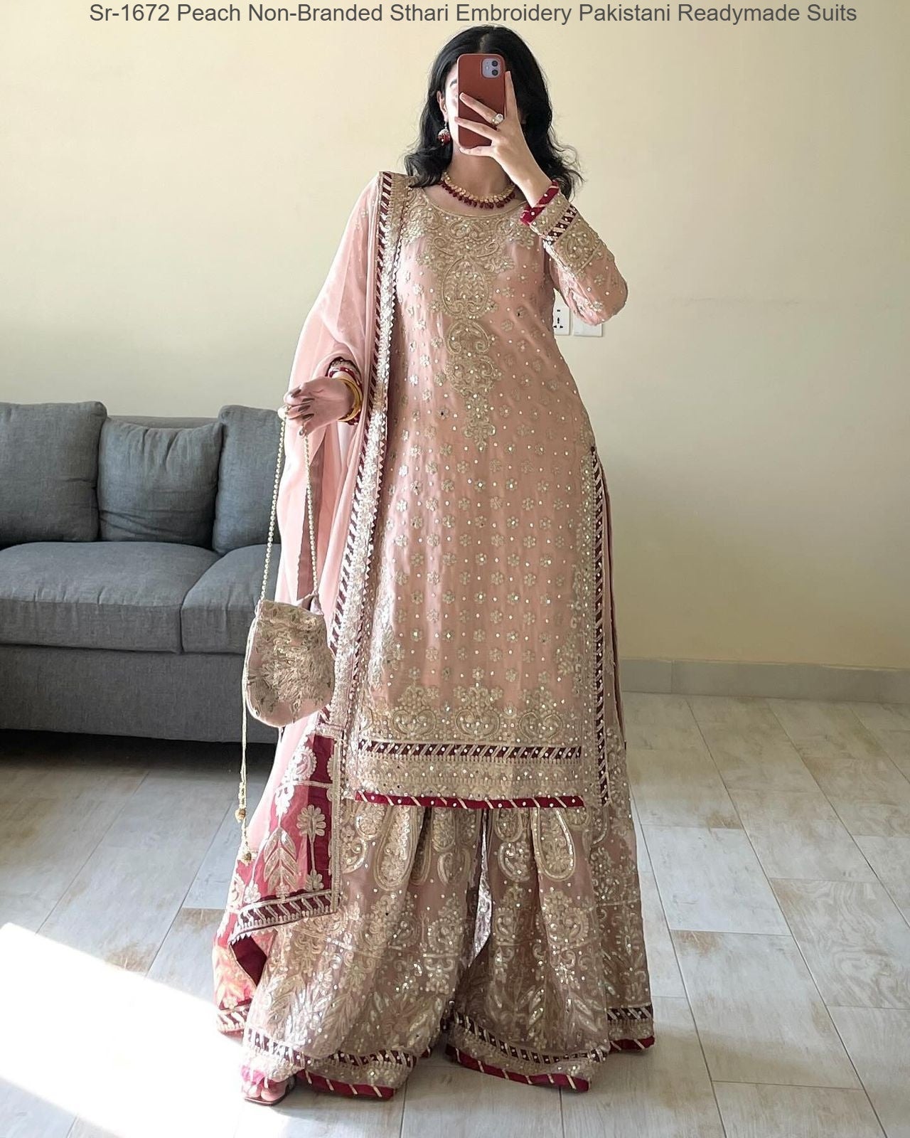 Sr-1672 Peach Non-Branded Sthari Embroidery Pakistani Readymade Suits