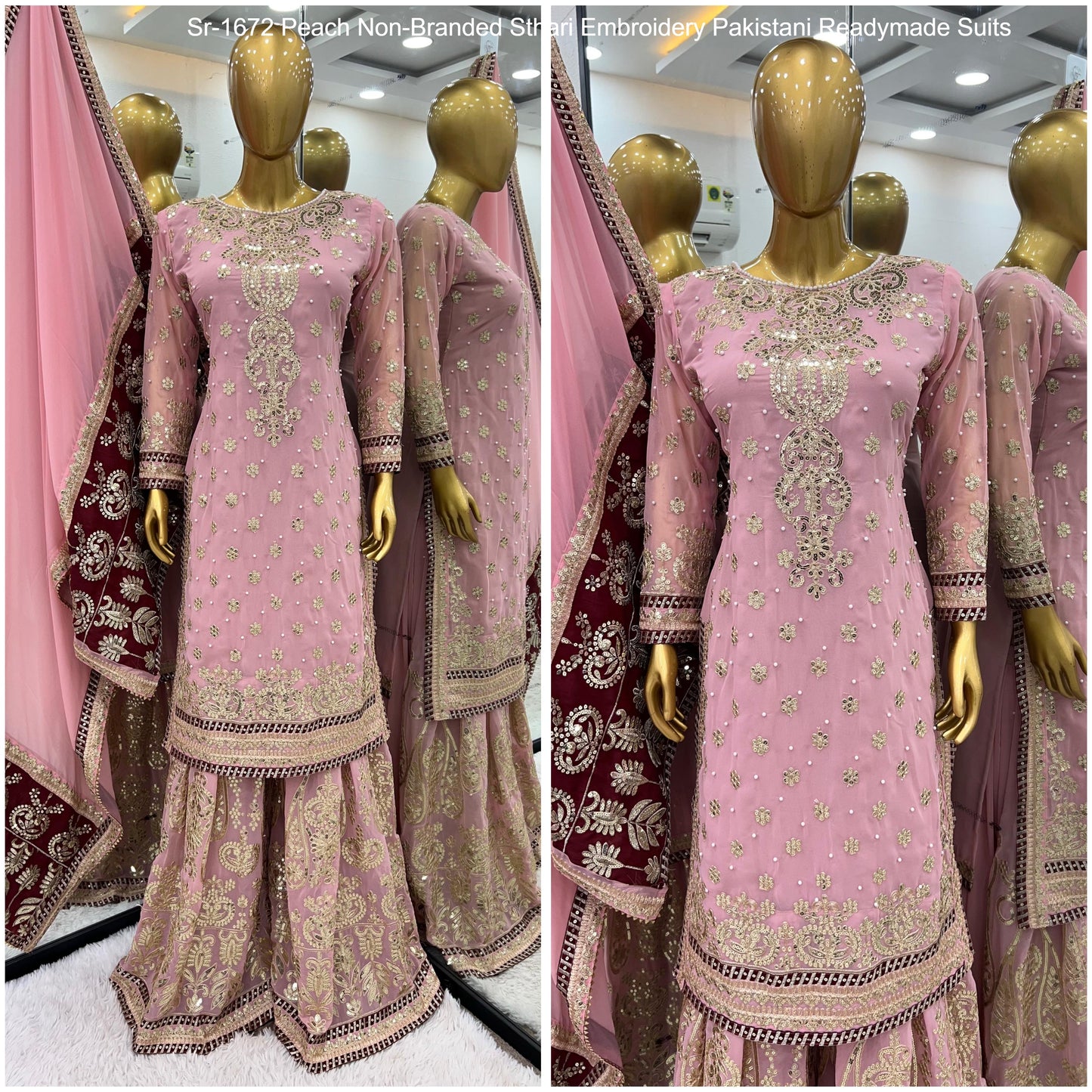 Sr-1672 Peach Non-Branded Sthari Embroidery Pakistani Readymade Suits
