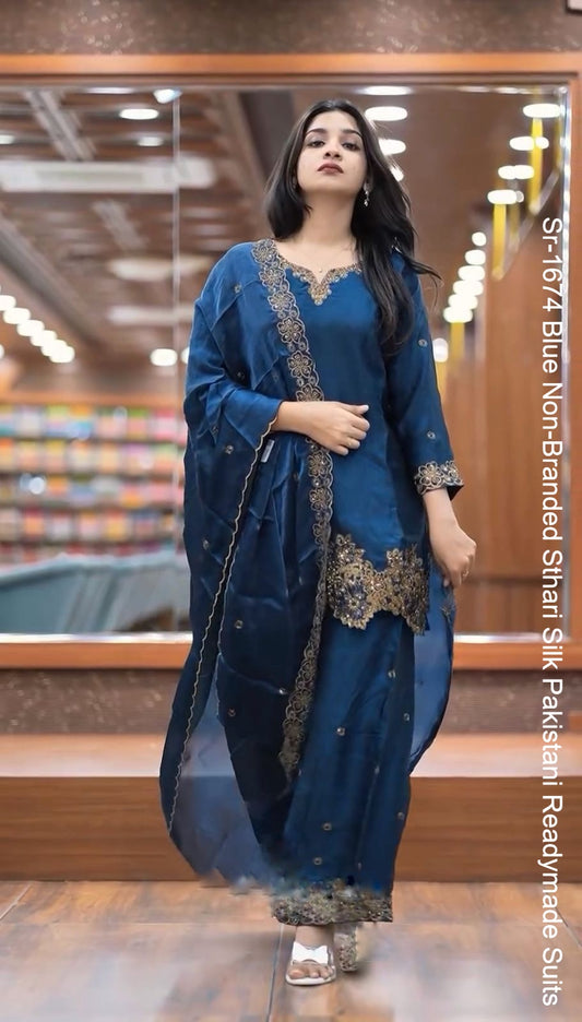 Sr-1674 Blue Non-Branded Sthari Silk Pakistani Readymade Suits