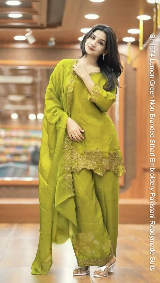 Sr-1674 Lemon Green Non-Branded Sthari Embroidery Pakistani Readymade Suits