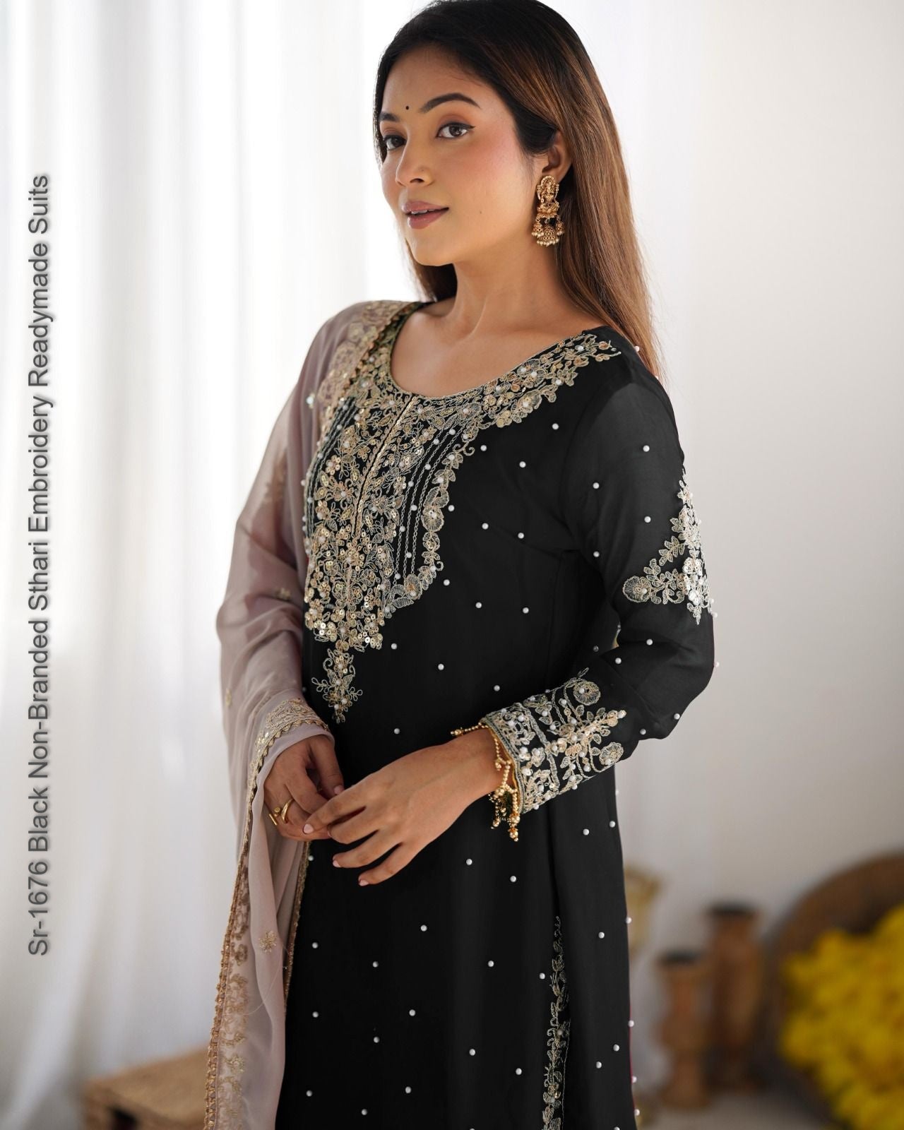 Sr-1676 Black Non-Branded Sthari Embroidery Readymade Suits