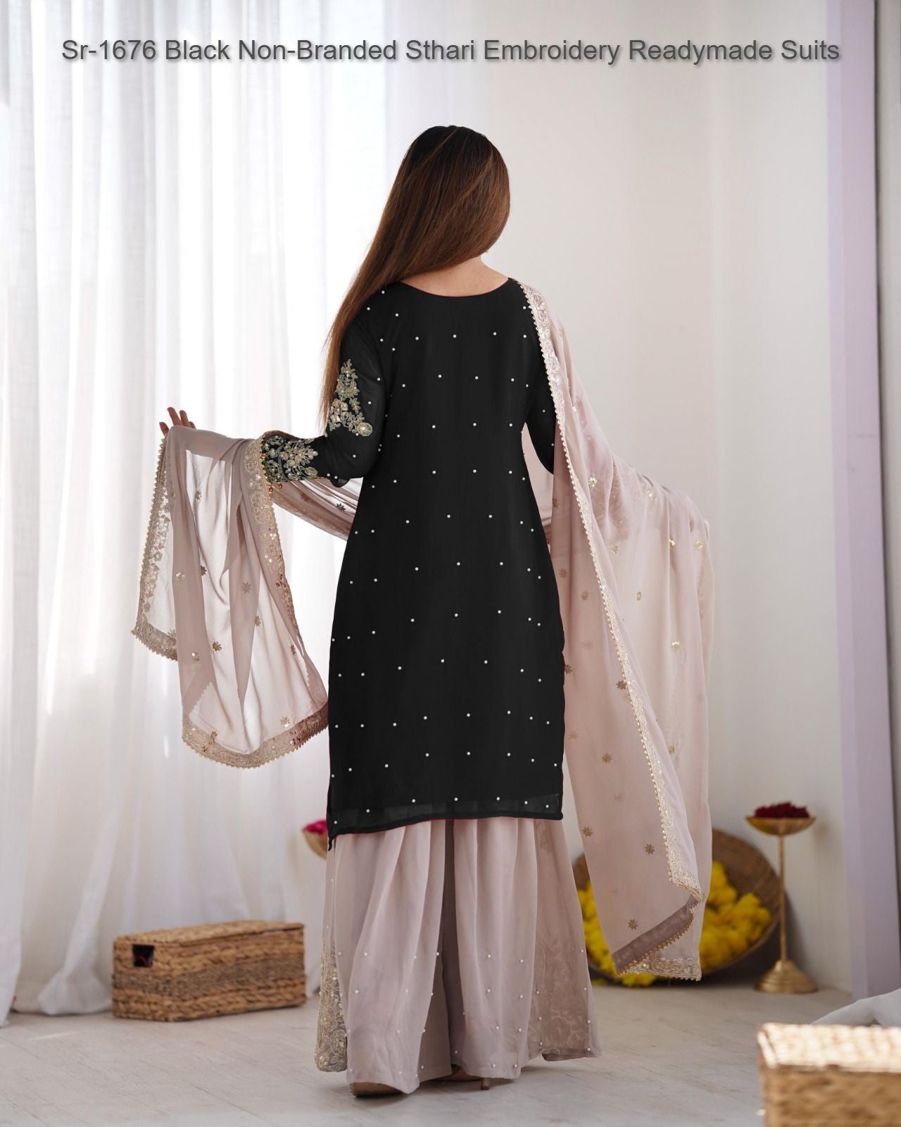 Sr-1676 Black Non-Branded Sthari Embroidery Readymade Suits