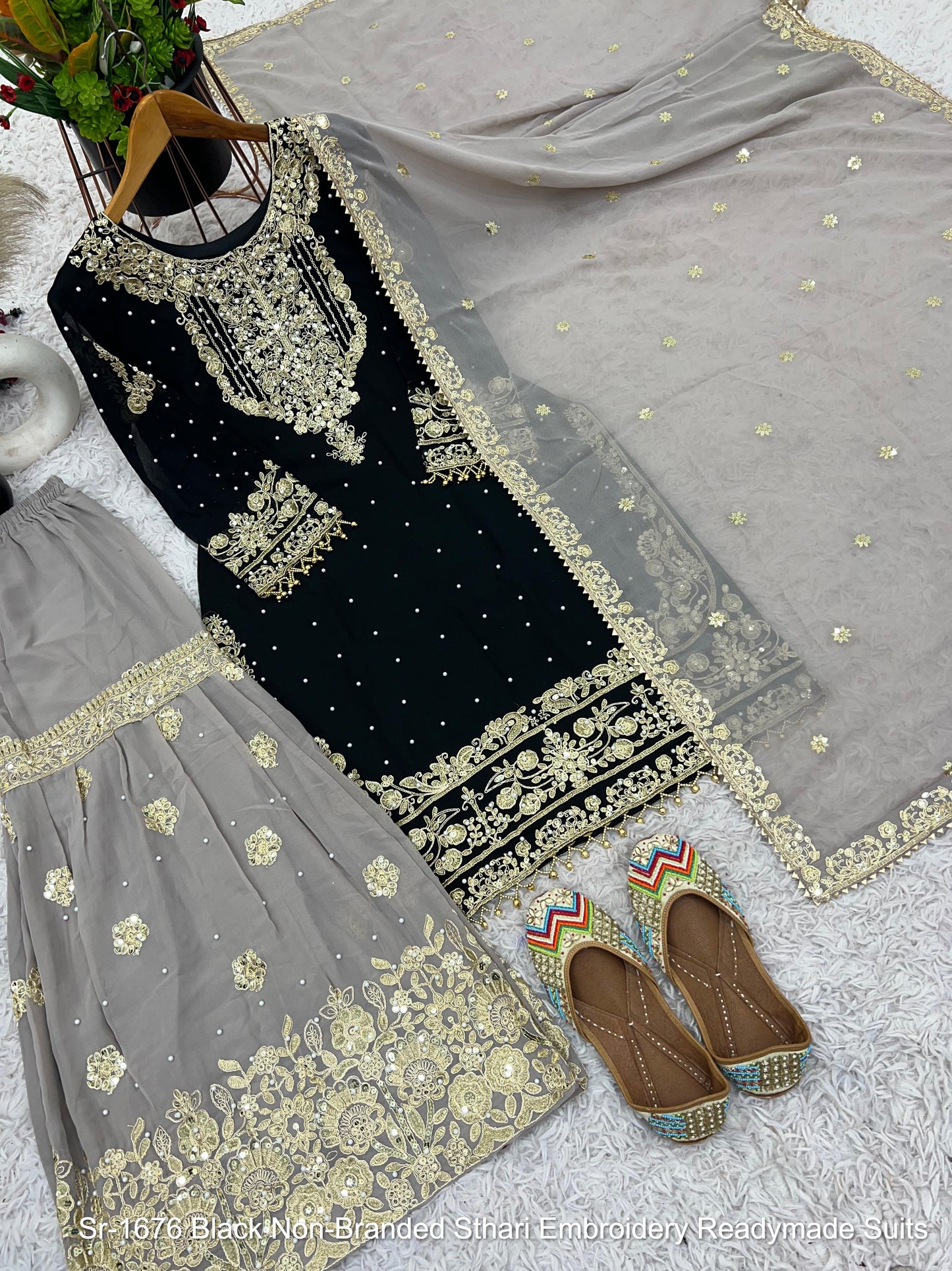 Sr-1676 Black Non-Branded Sthari Embroidery Readymade Suits
