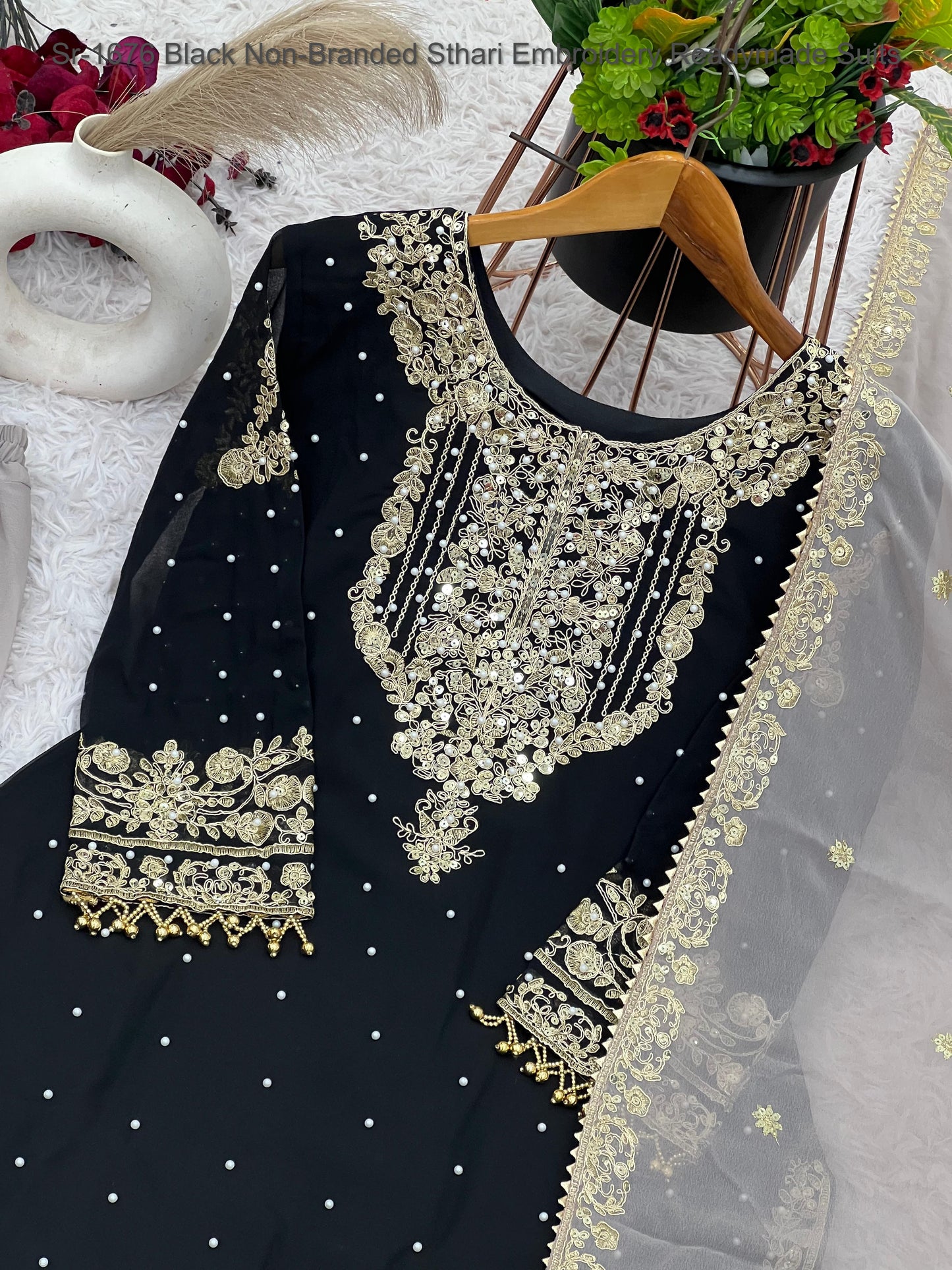 Sr-1676 Black Non-Branded Sthari Embroidery Readymade Suits