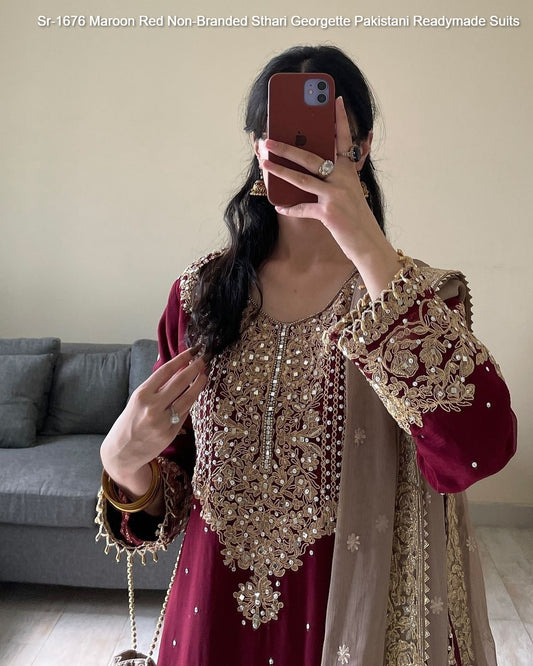 Sr-1676 Maroon Red Non-Branded Sthari Georgette Pakistani Readymade Suits