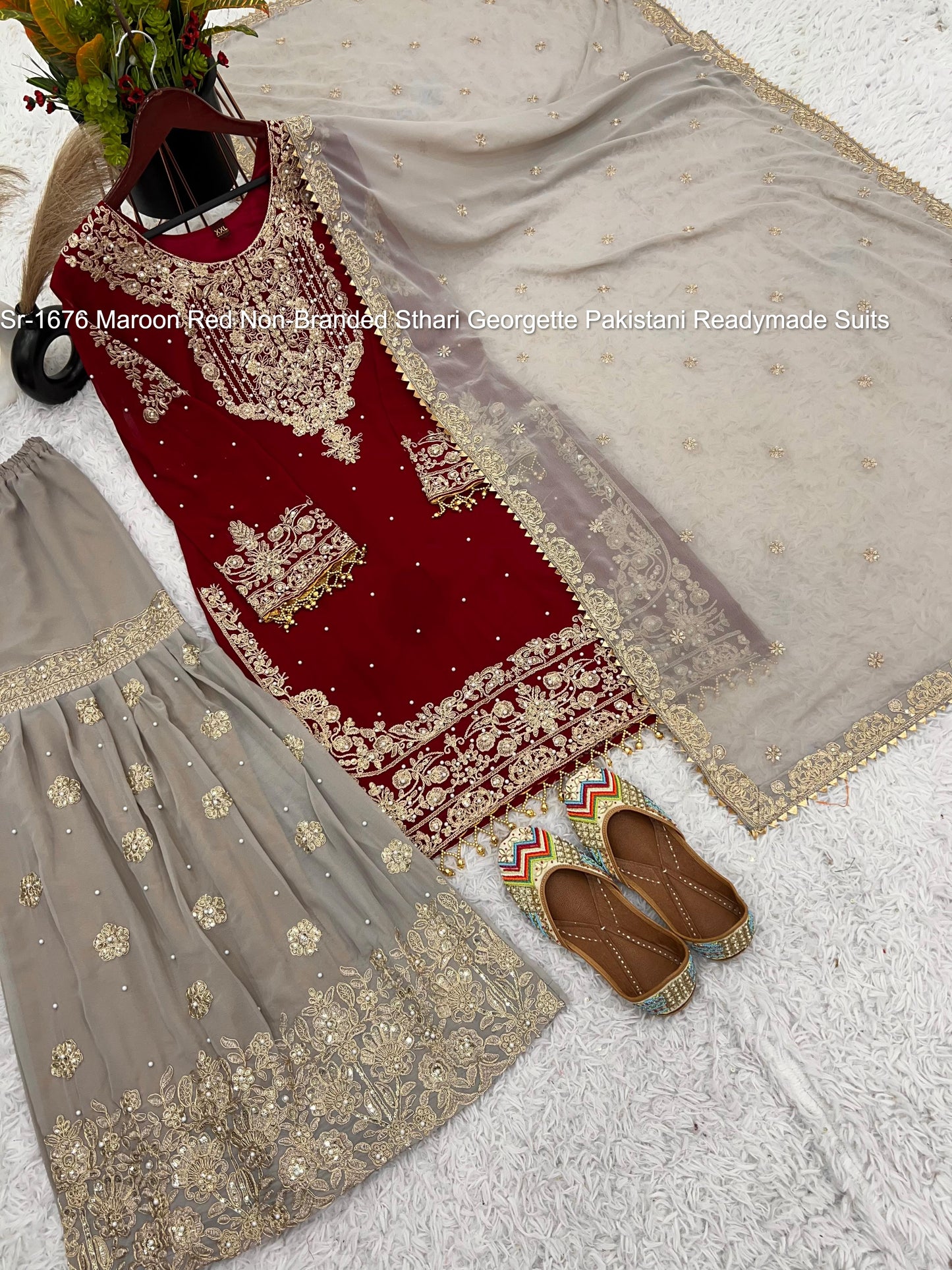 Sr-1676 Maroon Red Non-Branded Sthari Georgette Pakistani Readymade Suits