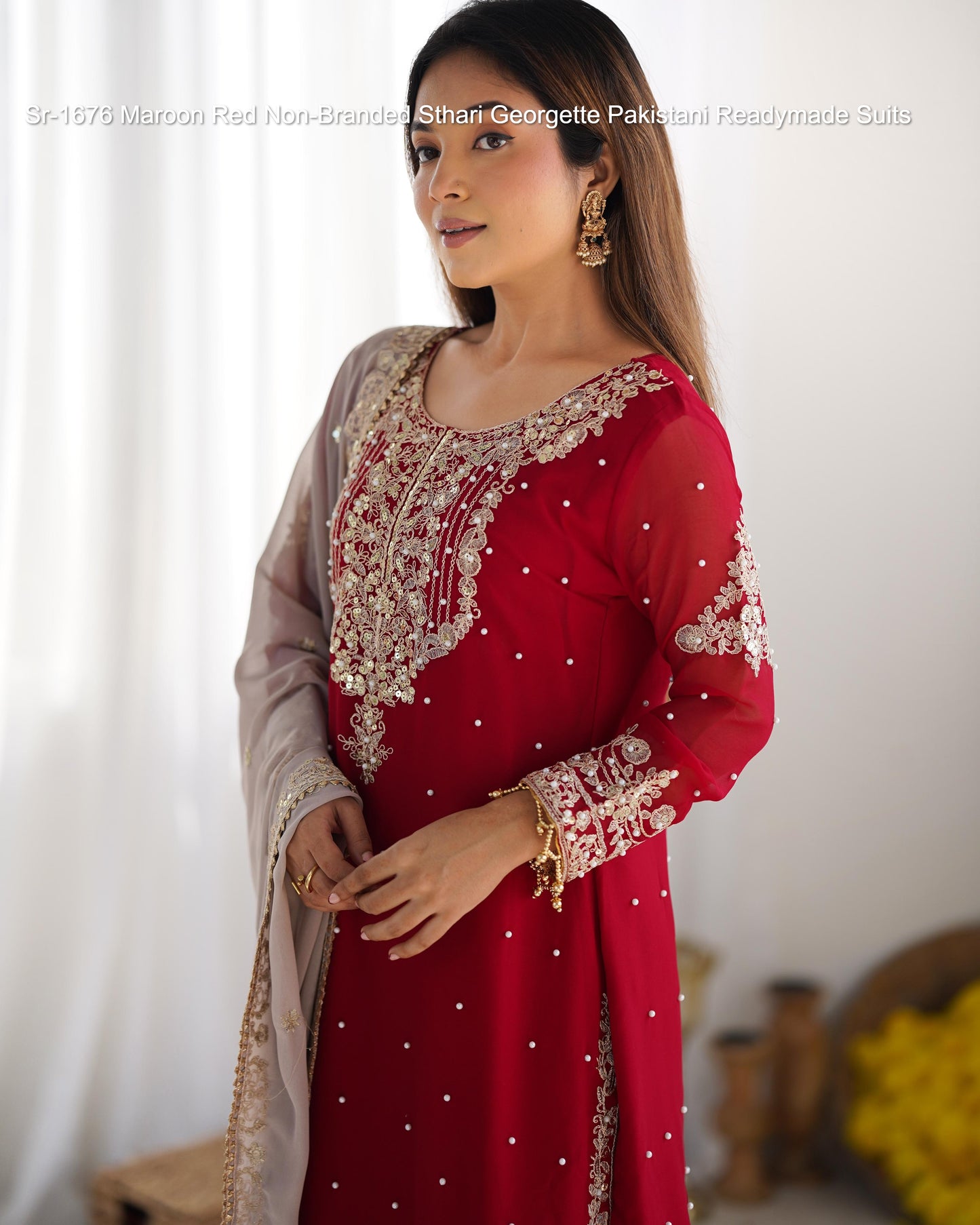 Sr-1676 Maroon Red Non-Branded Sthari Georgette Pakistani Readymade Suits