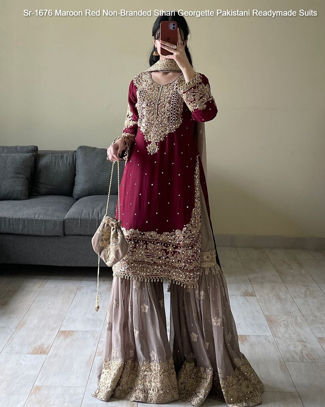 Sr-1676 Maroon Red Non-Branded Sthari Georgette Pakistani Readymade Suits
