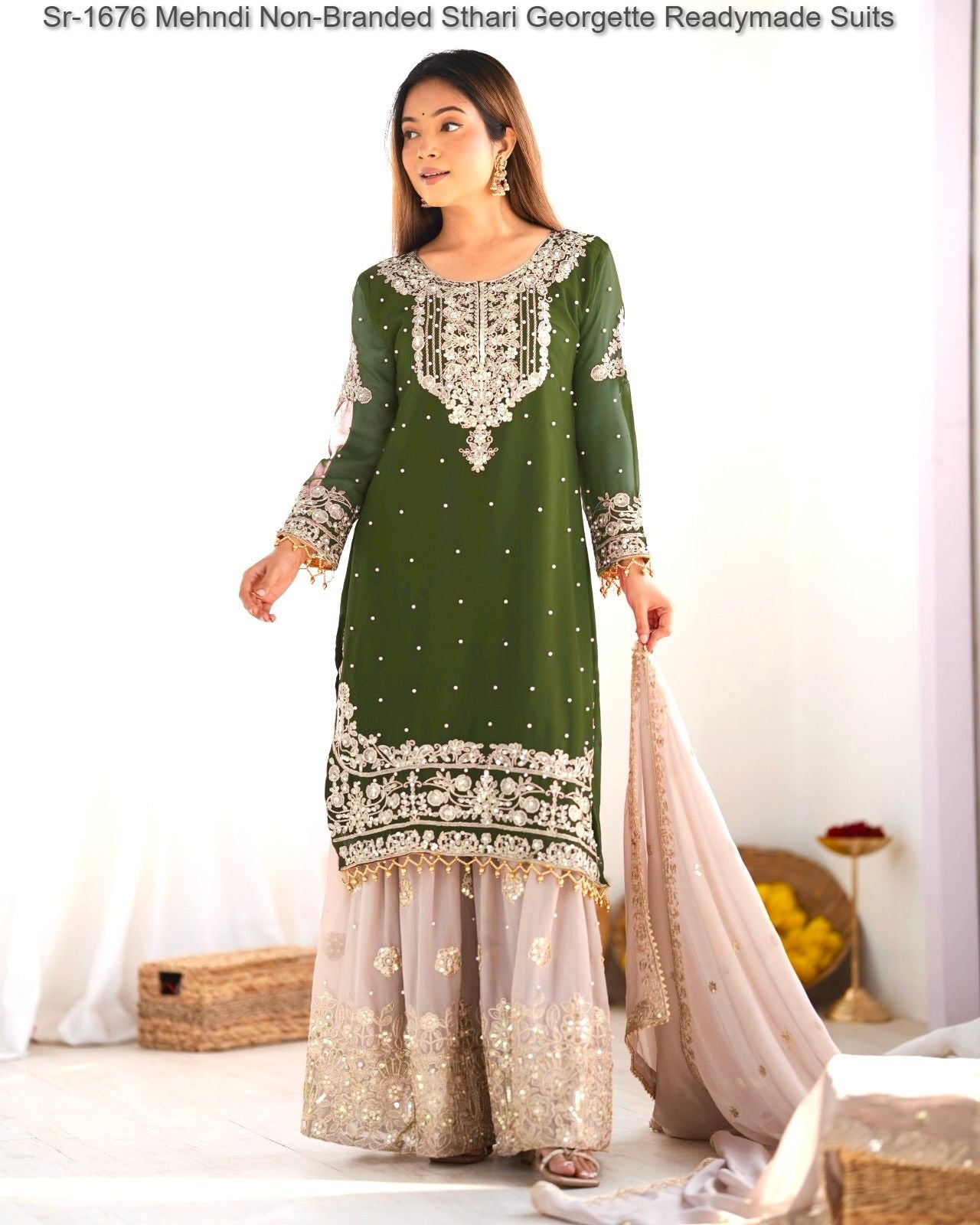 Sr-1676 Mehndi Non-Branded Sthari Georgette Readymade Suits